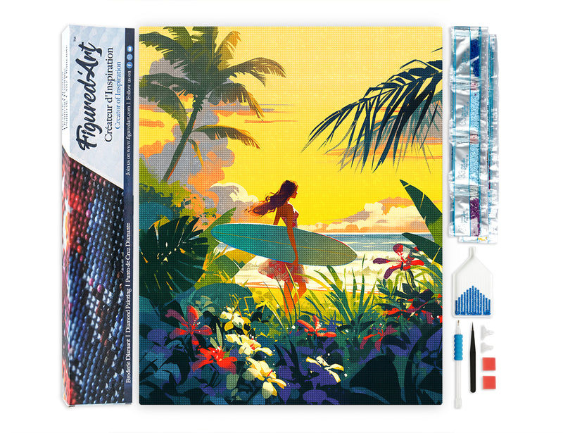 Broderie Diamant - Surfeuse Au Coucher Du Soleil