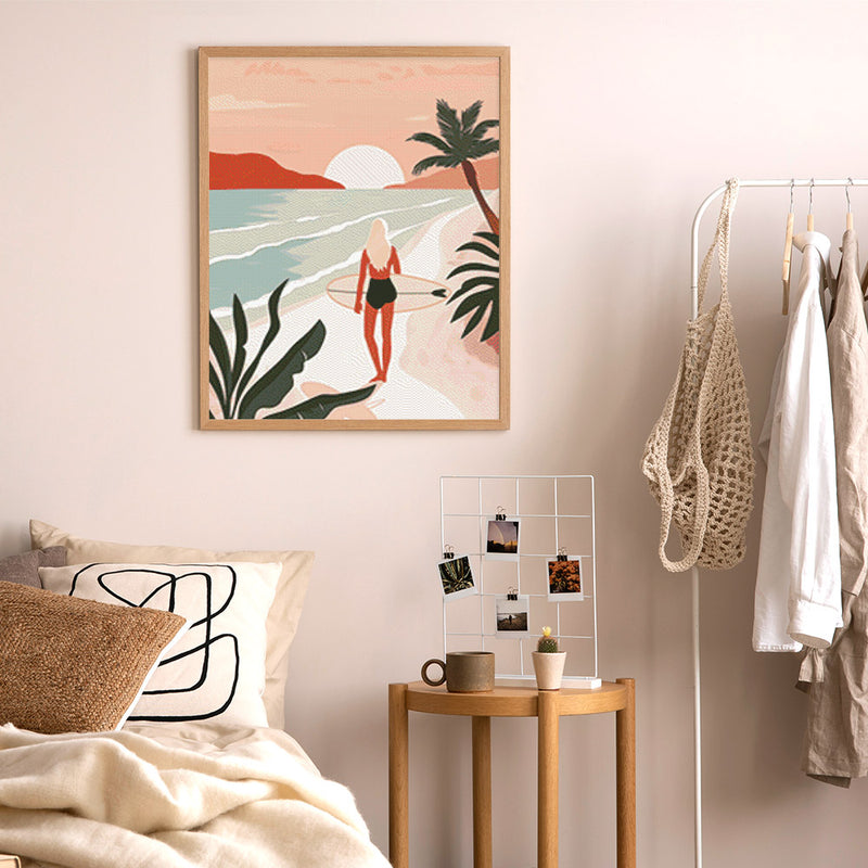 Broderie Diamant - Promenade Sur La Plage Au Coucher Du Soleil 40X50Cm Toile Tendue Sur Châssis