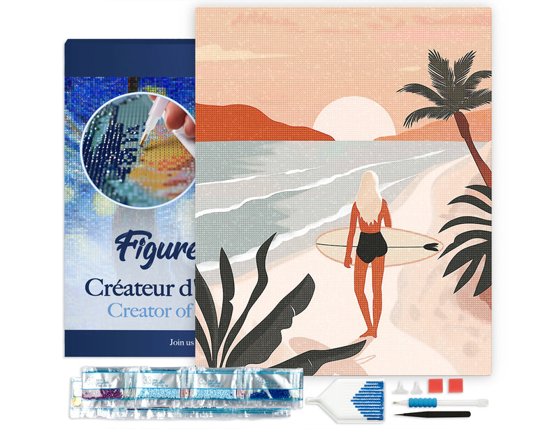 Broderie Diamant - Promenade Sur La Plage Au Coucher Du Soleil 40X50Cm Toile Tendue Sur Châssis