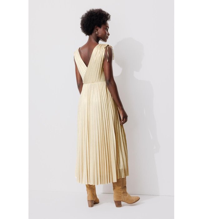 Robe Midi Lamée Plissée Femme - Jaune Uni Colore