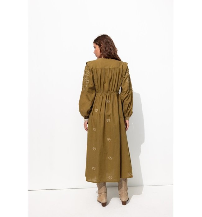Robe Longue Brodée Femme - Kaki Uni Clair