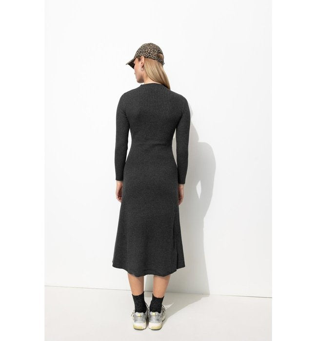 Robe Longue Côtelée Femme - Gris Uni Fonce
