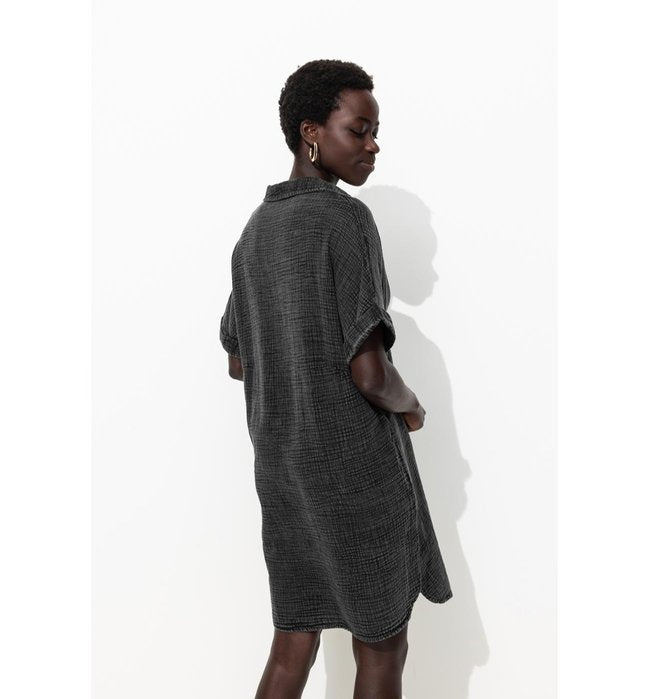 Robe Courte en Gaze de Coton - Gris Uni Fonce