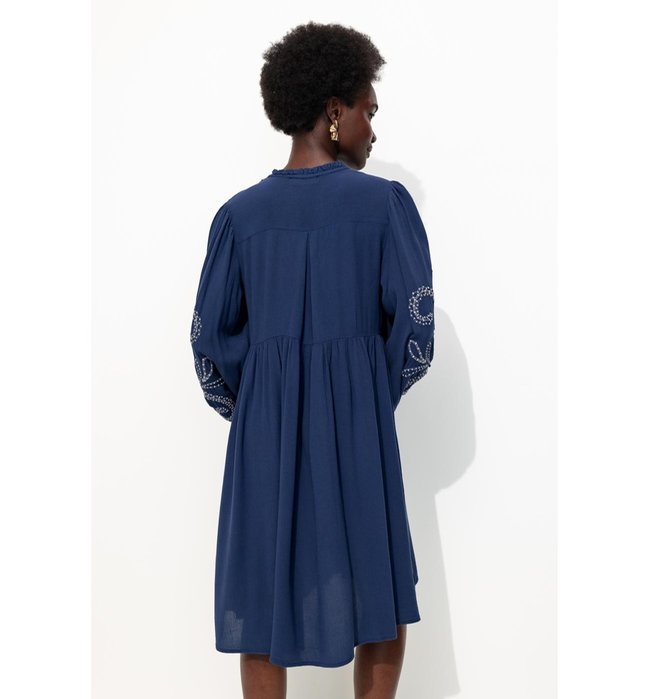 Robe Courte Brodée Femme - Bleu Uni Fonce