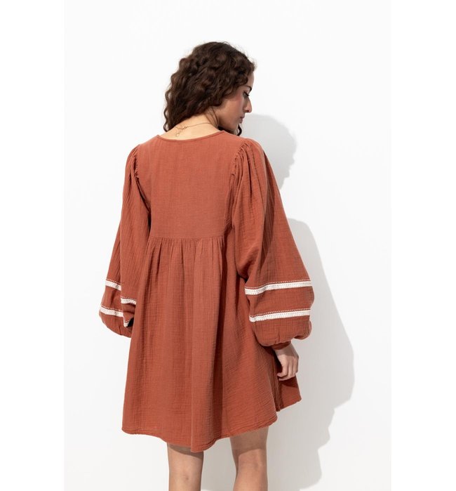 Robe Folk Brodée Femme - Marron Uni Clair