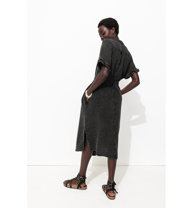 Robe Midi en Gaze de Coton - Gris Uni Fonce