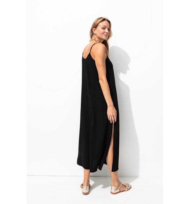 Robe Longue à Fines Bretelles - Noir Uni Fonce