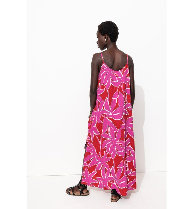 Robe Longue à Fines Bretelles - Rouge Imprime