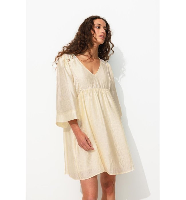 Robe Courte en Satin Gaufré - Naturel Uni Clair