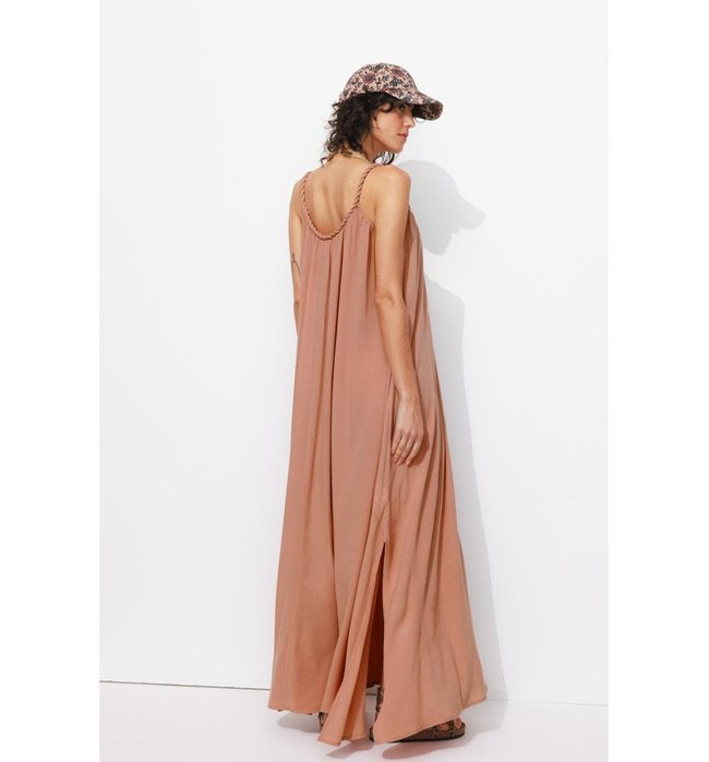 Robe Longue à Bretelles Femme - Rose Uni Colore