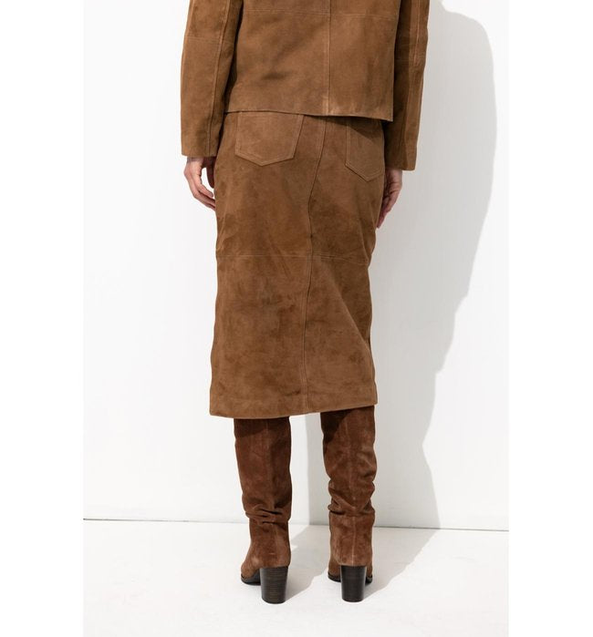 Jupe Midi 100% Cuir Daim Femme - Grège Uni Fonce