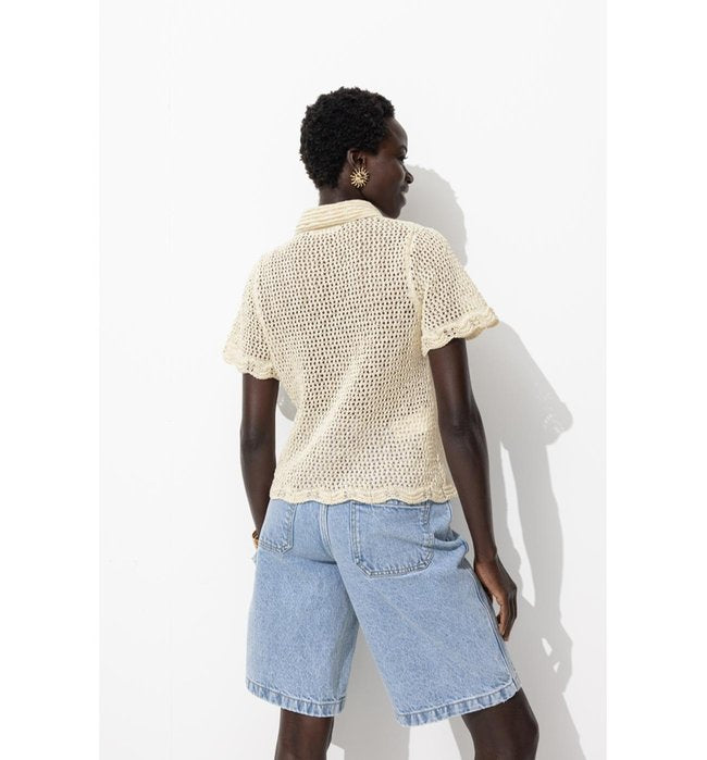 Pull Polo en Crochet Femme - Naturel Uni Clair
