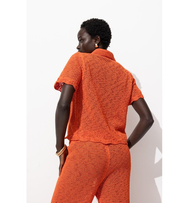 Pull Polo en Crochet Femme - Orange Uni Colore