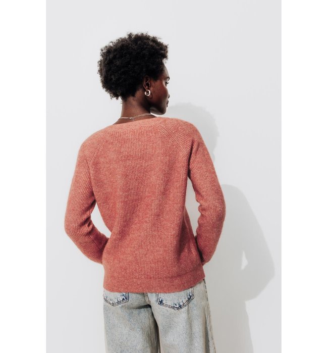 Pull Côtelé Col V Femme - Rose Uni Colore