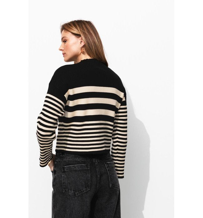Pull Côtelé Marinière Femme - Noir Raye