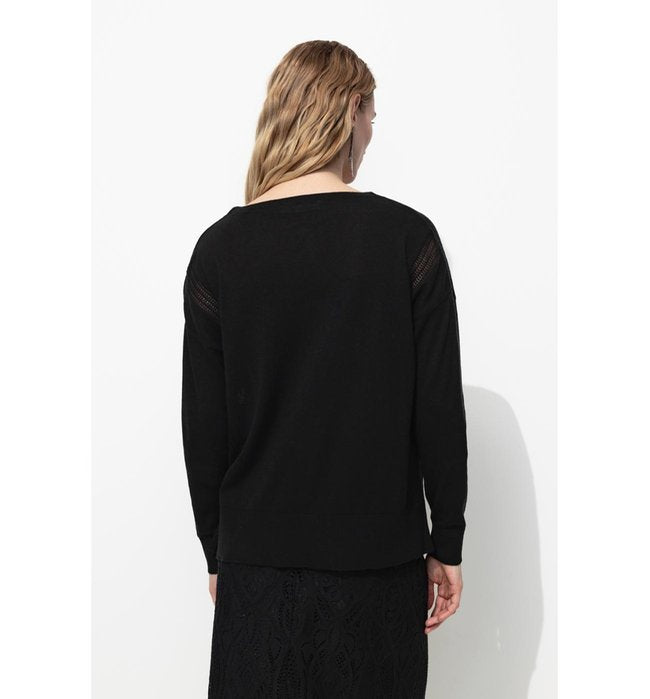 Pull Fin Ajouré Col V Femme - Noir Uni Fonce