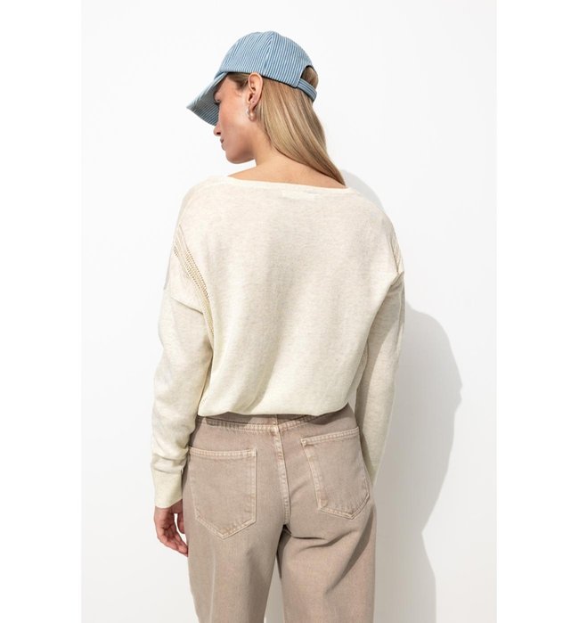 Pull Fin Ajouré Col V Femme - Naturel Uni Clair