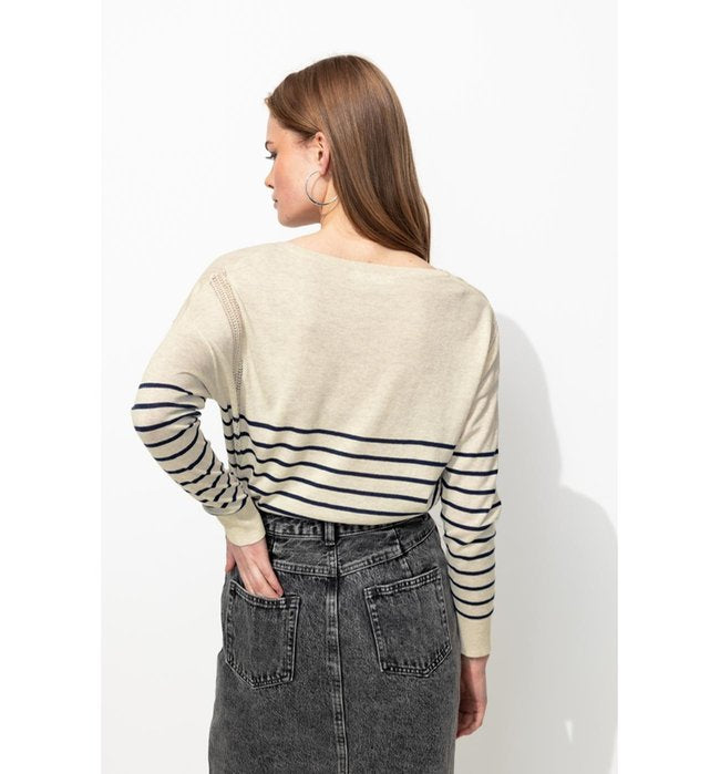 Pull Fin Ajouré Col V Femme - Bleu Raye