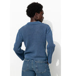 Jersey de algodón con cuello polo para mujer, color liso, azul oscuro