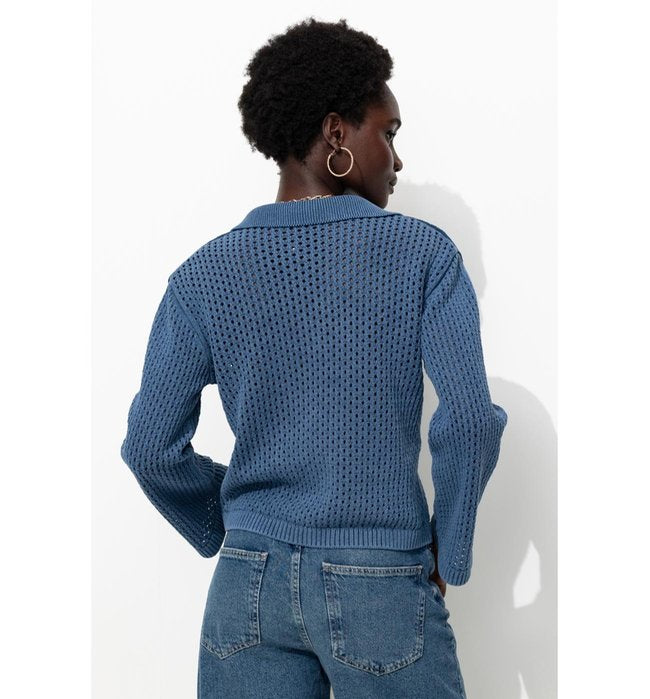 Pull en Coton Col Polo Femme - Bleu Uni Fonce