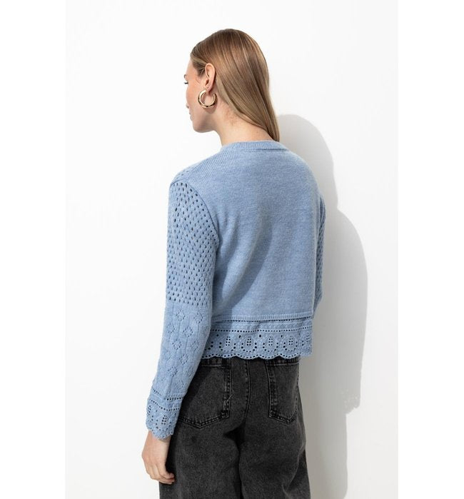 Pull Ajouré Effet Superposé - Bleu Uni Colore
