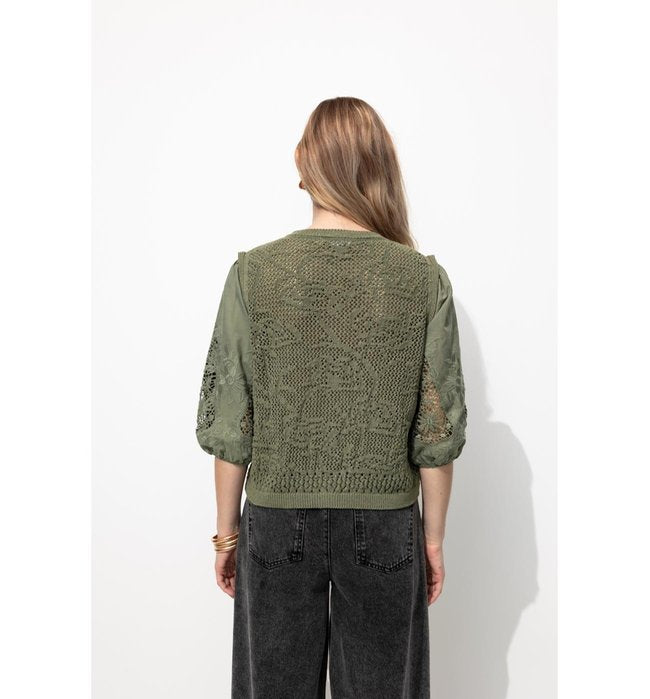 Cardigan à Effet Superposé - Kaki Uni Fonce
