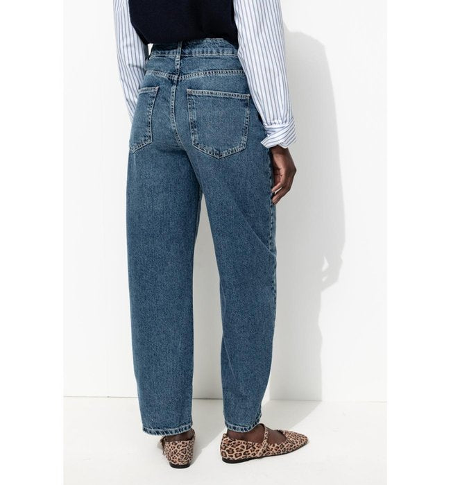 Jean Barrel Taille Haute - Jeans Uni Fonce