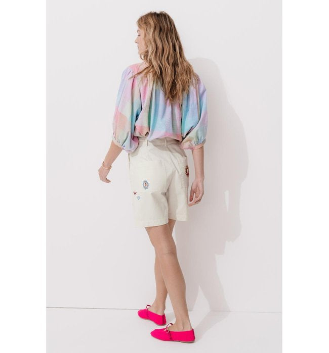 Short Brodé en Toile Sergé - Naturel Uni Clair