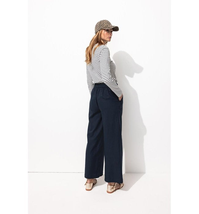 Pantalon Large en Lin Mélangé - Bleu Uni Fonce