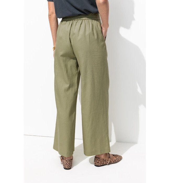 Pantalon Large en Lin Mélangé - Kaki Uni Clair