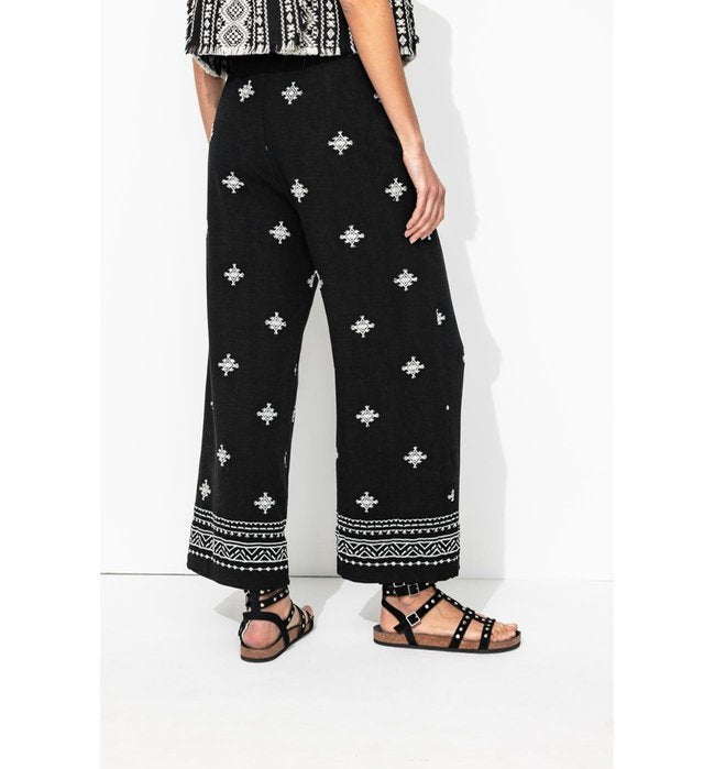 Pantalon Large Brodé Femme - Noir Uni Fonce