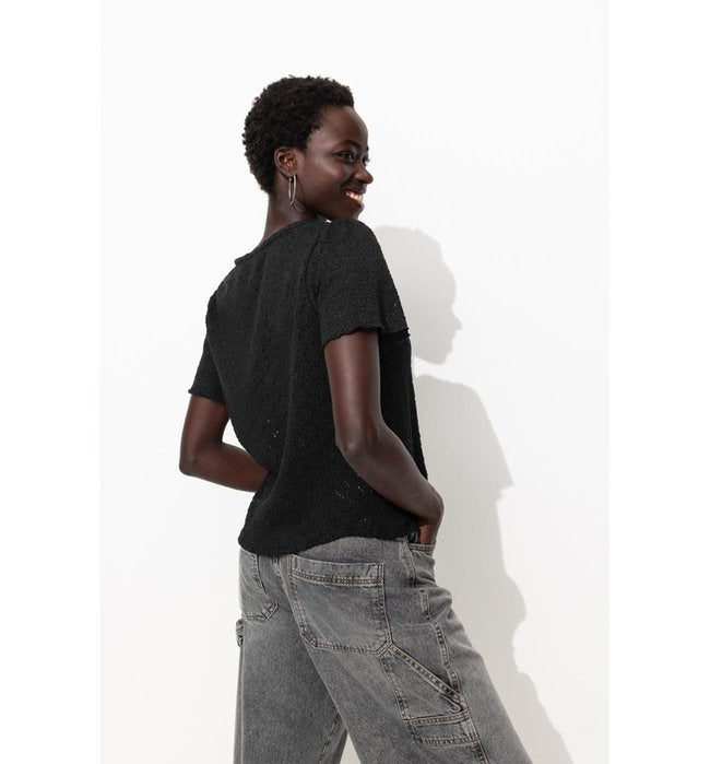 T-shirt Effet Dentelle Femme - Noir Uni Fonce