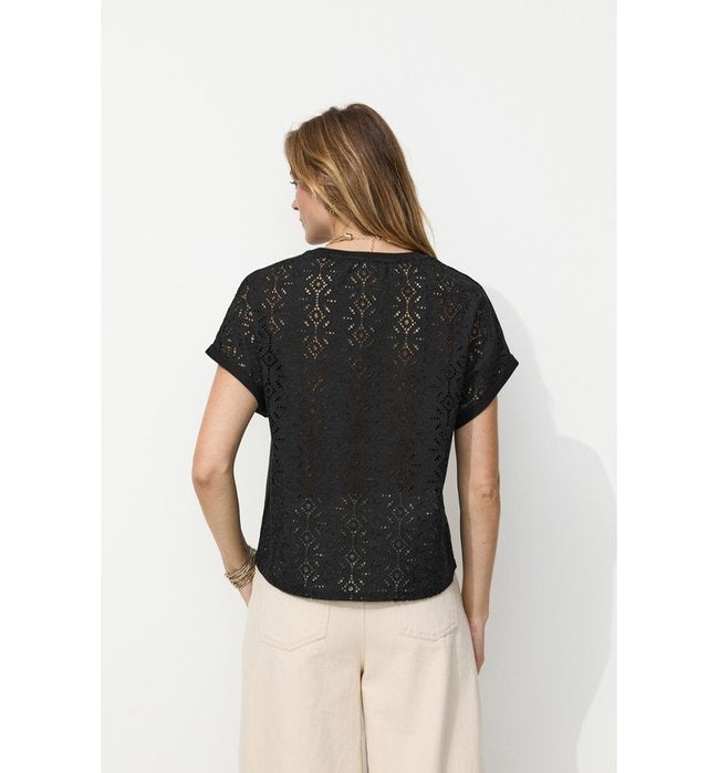 T-shirt Broderie Anglaise - Noir Uni Fonce