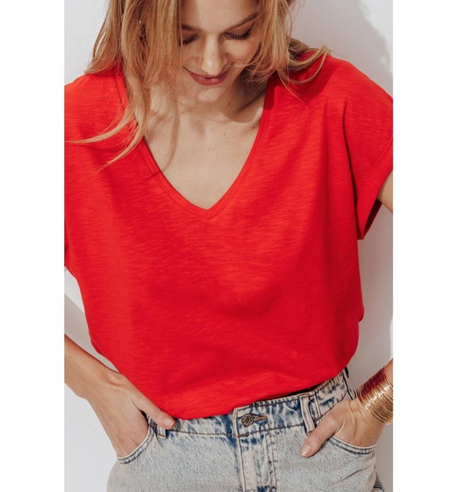 T-shirt Détail Brodé Dos - Rouge Uni Colore
