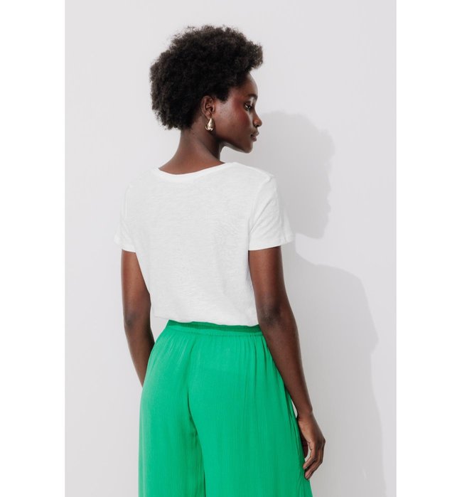T-shirt Col V en Coton Femme - Blanc Uni Clair