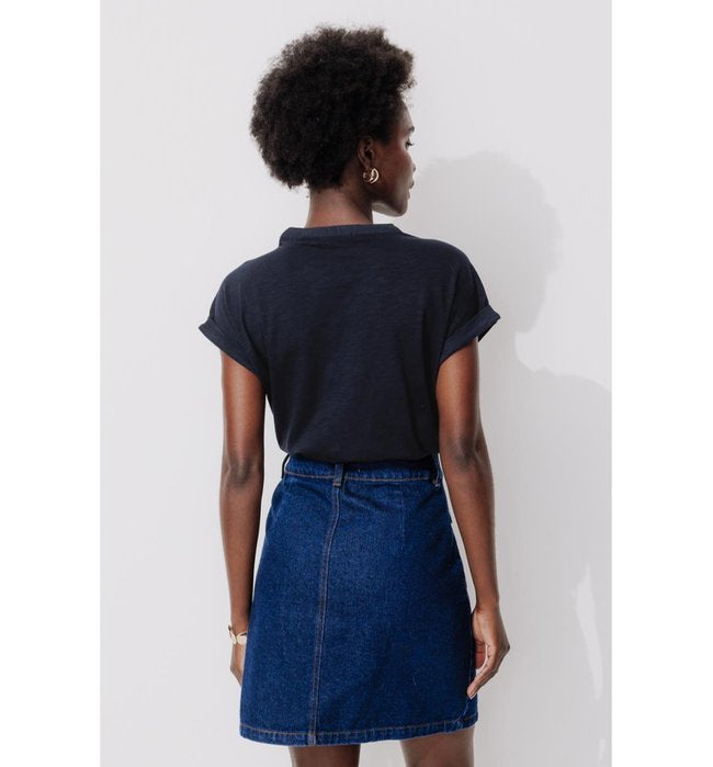 T-shirt Col Tunisien Femme - Bleu Uni Fonce