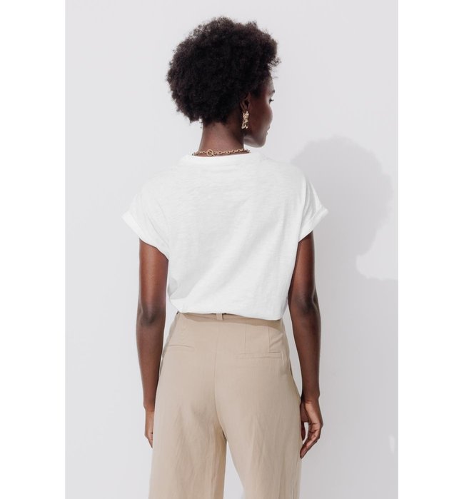 T-shirt Col Tunisien Femme - Blanc Uni Clair