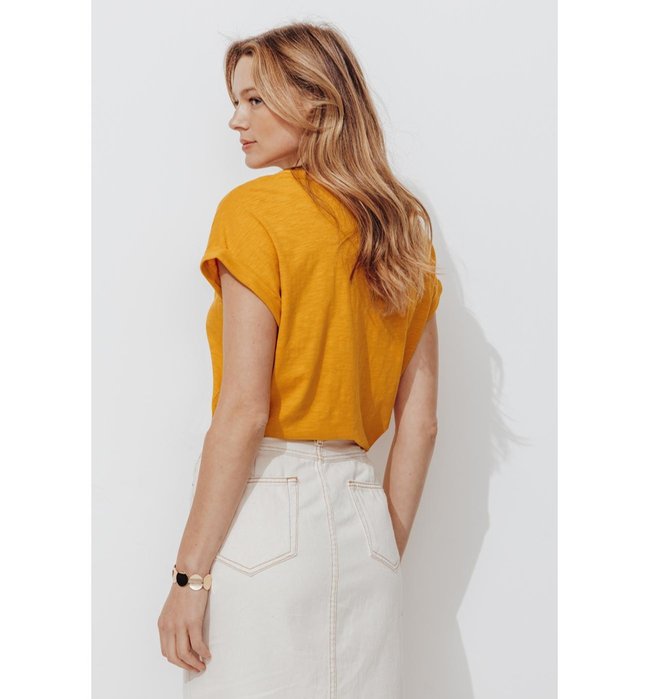 T-shirt Col Tunisien Femme - Jaune Uni Colore