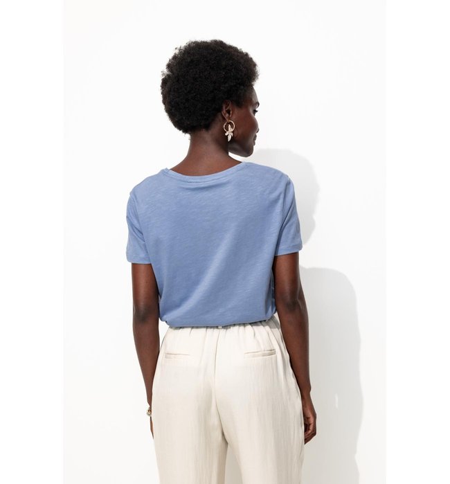 T-shirt Col V Femme - Bleu Uni Colore