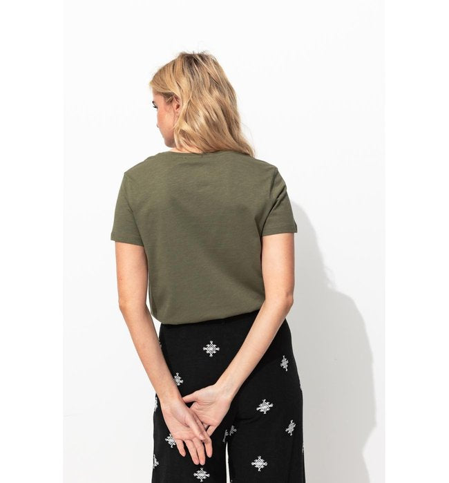 T-shirt Col V Femme - Kaki Uni Fonce