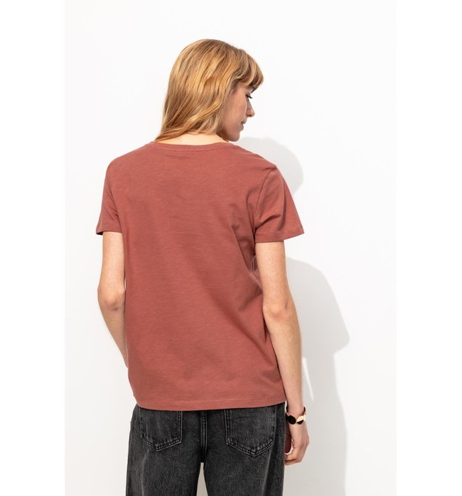 T-shirt Col V Femme - Rose Uni Colore