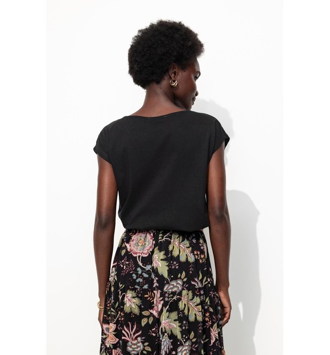 T-shirt Détail Dentelle Femme - Noir Uni Fonce