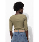 T-shirt Col Carré Femme - Kaki Uni Fonce