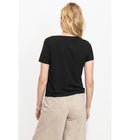 T-shirt Côtelé Col V Femme - Noir Uni Fonce