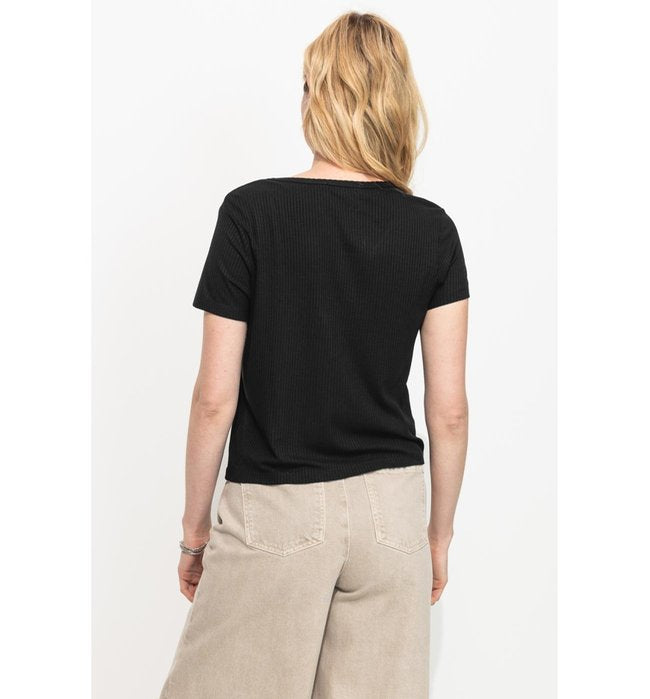 T-shirt Côtelé Col V Femme - Noir Uni Fonce