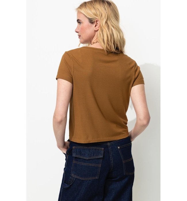 T-shirt Côtelé Col V Femme - Grège Uni Fonce