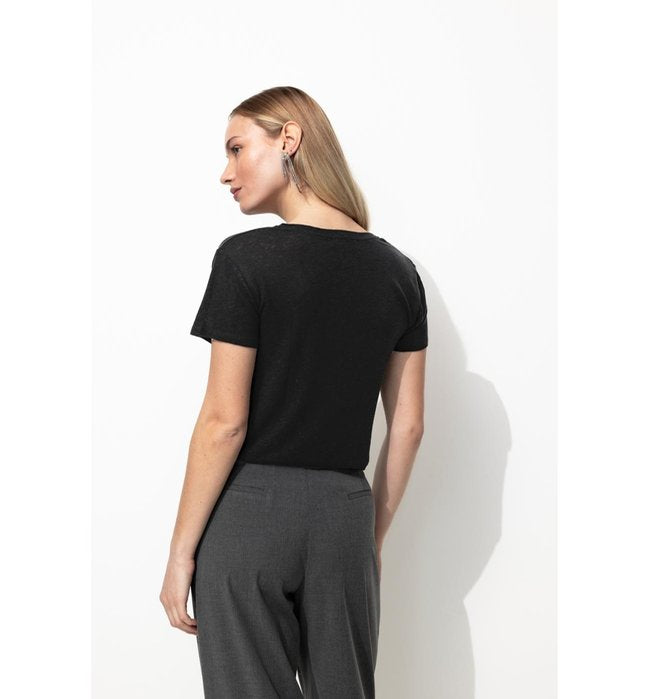 T-shirt en Lin Mélangé Femme - Noir Uni Fonce