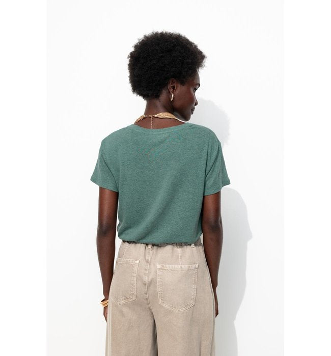 T-shirt en Lin Mélangé Femme - Gris Uni Fonce