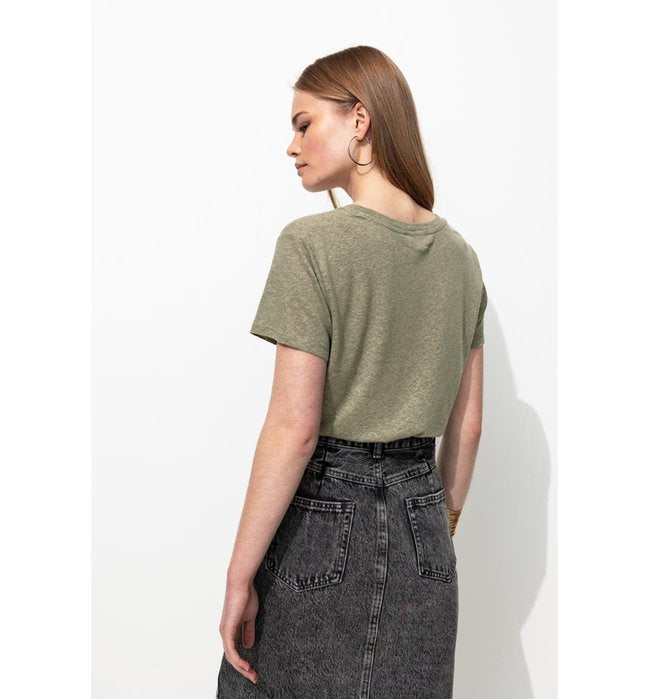 T-shirt en Lin Mélangé Femme - Kaki Uni Clair