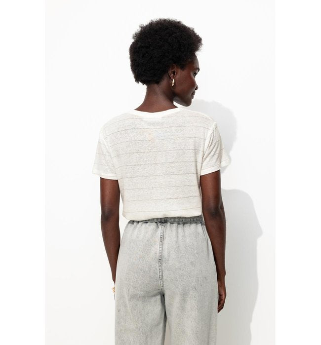 T-shirt en Lin Mélangé Femme - Naturel Raye